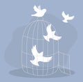 Illustration in flat style - white birds fly out of an open cage Royalty Free Stock Photo