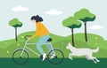 Illustration in flat style. a young girl rides a bicycle in the suburbs, a dog runs after her Royalty Free Stock Photo