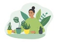 illustration in flat style - young woman caring for houseplants in pots