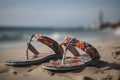 illustration, flip flop shoes on the beach, ai generative