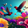 Illustration of a flock of birds flying over a meadow full of flowers AI generated Royalty Free Stock Photo