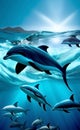 Illustration with a flock of gorgeous realistic dolphins