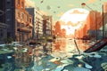 Illustration of a flooded street in the city at sunset. Vector illustration, illustration of flood water disaster in city, AI