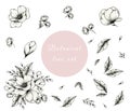Floral ink fine line collection isolated on white, vintage set of floral elements great for designs, black ink sketch botanical Royalty Free Stock Photo