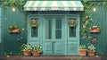 Illustration of a flower street store building on a city street with a door, window, and awning over a beautiful plant