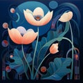 Floral Abstract Composition With Moon And Flowers In Art Deco Futurism Style