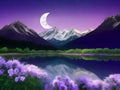 An Illustration of Flowers, a River, Mountains, and the Spectacular Night Sky. Royalty Free Stock Photo