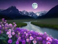 An Illustration of Flowers, a River, Mountains, and the Spectacular Night Sky. Royalty Free Stock Photo