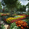 Illustration of a flowery garden, park colorful flowers, green trees, path in the middle. Flowering flowers, a symbol of spring, Royalty Free Stock Photo