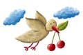 Illustration of a flying bird with cherries in its beak