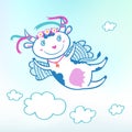 Illustration of flying funny cow in the sky with clouds