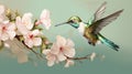 Illustration of a flying hummingbird with colored flowers in bloom