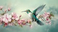 Illustration of a flying hummingbird with colored flowers in bloom