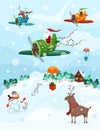 Illustration of flying santa and the deer in the winter sky