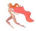 Illustration of a flying super woman in modern style with cloak. Elegant textural stylization of the girl