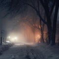 Foggy winter street at night with trees covered with snow Royalty Free Stock Photo