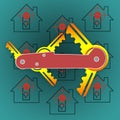 Illustration with a folding knife in the center. Instead of blades, keys are located. Silhouettes of houses under the gun.