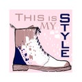 Illustration of Font poster with winter women shoes. Graphic top view footwear for female and lady. Fashion design for