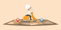 Illustration Food Delivery Chef Ride Motorcycle Service Cute character with map , Order many branches Worldwide Shipping , Fast