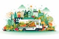 Illustration of a food truck featuring eco-friendly and sustainable packaging solutions