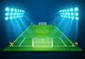 An illustration of Football soccer field with bright stadium lights shining on it. Vector EPS 10. Room for copy