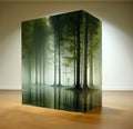 Illustration of a forest encased in glass in an empty room