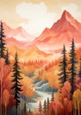 illustration of a forest, featuring trees, rivers, and mountain peaks in a painted landscape.