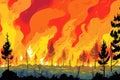 illustration of forest wildfire, charred trees, haze of smoke. climate change and extreme heat