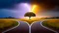 Illustration of forked road showcasing storm clouds on one side and sun rays on the other. Dramatic landscape with Royalty Free Stock Photo