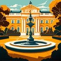 Illustration of a fountain in front of a royal palace in the autumn AI generated