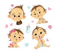 Illustration with four babies and stars with hearts