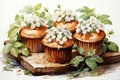 An illustration with four brown cupcakes in liners with white flower and overgrown green leave decorations standing on a
