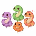 Illustration of four cartoon snakes in different colors with cute faces on a white background Royalty Free Stock Photo