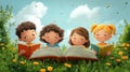 Illustration of Four Children Reading a Big Book in a Meadow Royalty Free Stock Photo