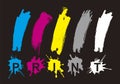 CMYK print colors, exclamation marks, splatters.