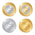 illustration of four gold and silver coins