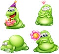 Four green monsters with different activities