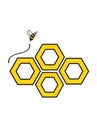 Illustration of four hexagons and a bee. White background.