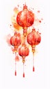 Illustration of four red colored Chinese lanterns on an isolated background. Chinese New Year celebrations