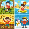 A Cute boy playing in different seasons.