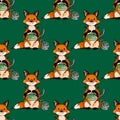 Illustration of a fox. Crochet and Needlework. Seamless pattern.