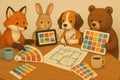 Cute Animals Collaborating in Design Workshop with Color Palettes Royalty Free Stock Photo