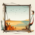 an illustration of a frame with a picture of a beach and people on it Royalty Free Stock Photo