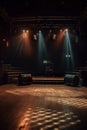 Free stage with lights, lighting devices. Scene, stage light with colored spotlights.