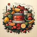 illustration of fresh fruits and vegetables in doodle style.