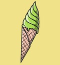 Illustration of fresh ice cream with delicious mint flavor on wafer cone.