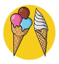 Illustration of fresh ice cream on delicious wafer cone on yellow background.