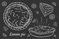 Illustration fresh open lemon pie isolated on white black outline in different angles. Chalk picture style.