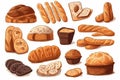 Illustration of fresh pastries, bread, buns, baguette isolated on white background. Generative AI