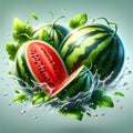 An illustration of fresh watermelons with water splashing